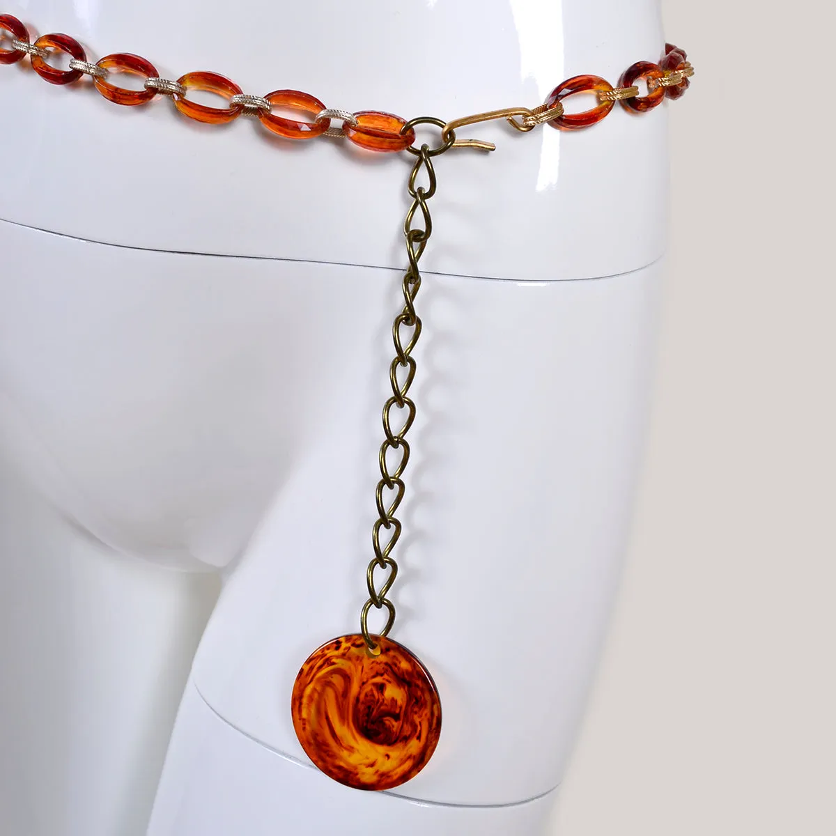 Amber Lucite Chain Link Belt or Necklace with Circle Medallion