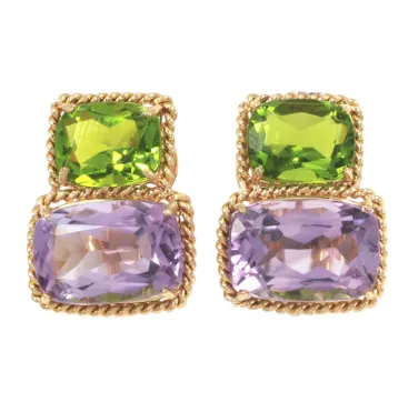 Amethyst and Peridot Yellow Gold Three-Stone Cushion Ring