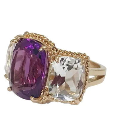 Amethyst and Peridot Yellow Gold Three-Stone Cushion Ring