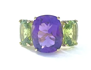 Amethyst and Peridot Yellow Gold Three-Stone Cushion Ring