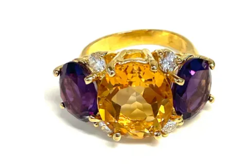 Amethyst and Peridot Yellow Gold Three-Stone Cushion Ring