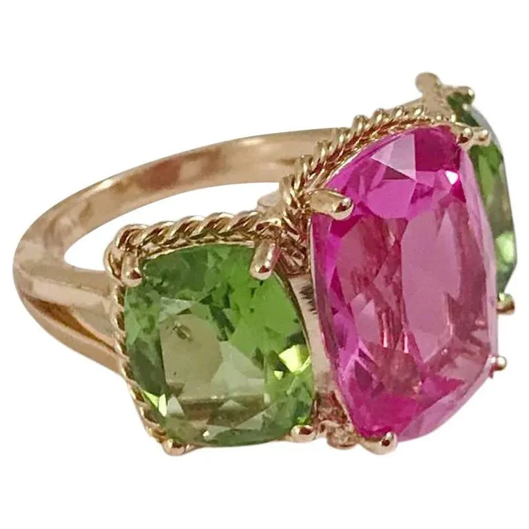 Amethyst and Peridot Yellow Gold Three-Stone Cushion Ring