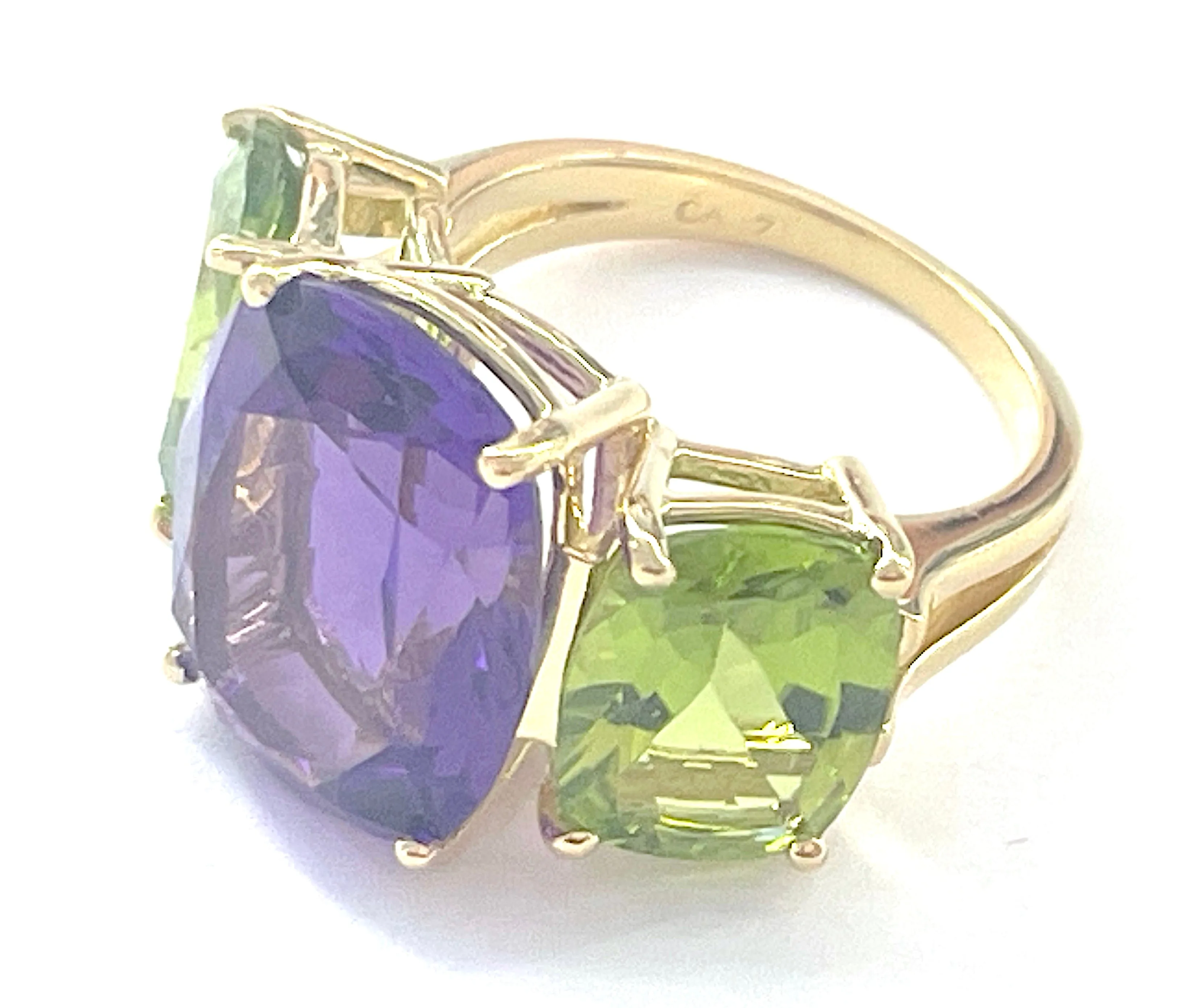 Amethyst and Peridot Yellow Gold Three-Stone Cushion Ring