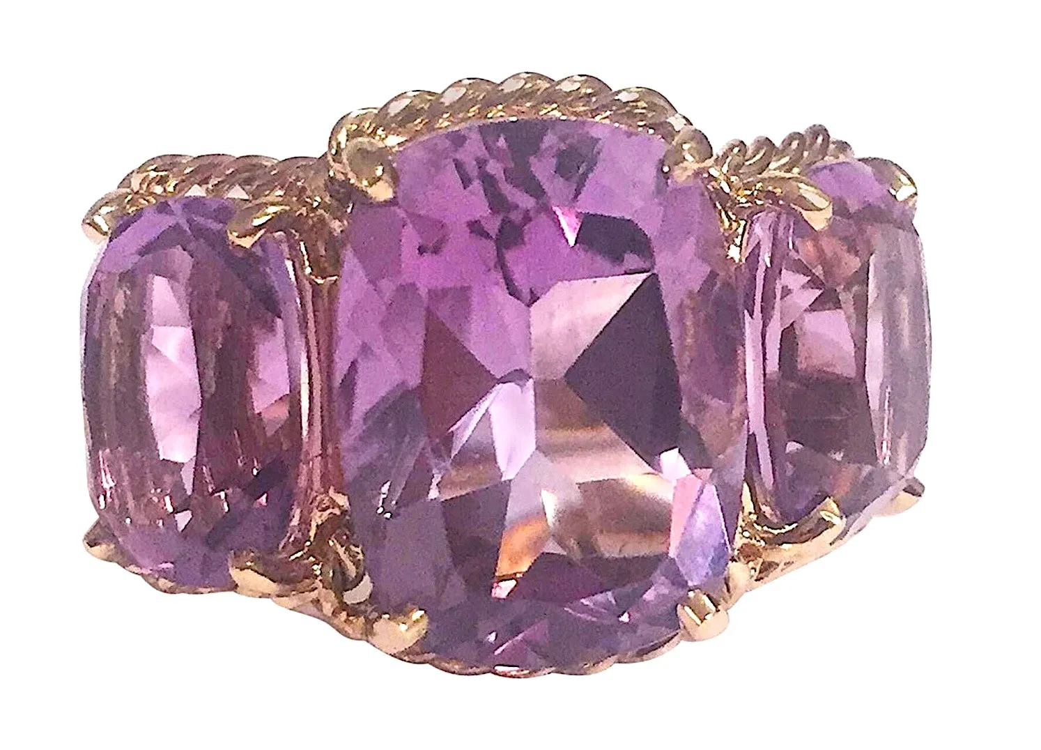 Amethyst and Peridot Yellow Gold Three-Stone Cushion Ring