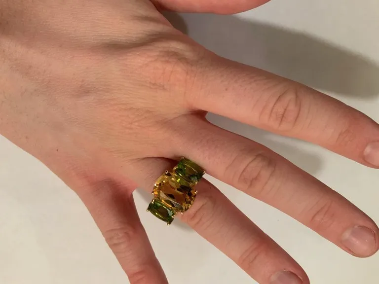 Amethyst and Peridot Yellow Gold Three-Stone Cushion Ring