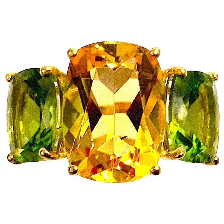 Amethyst and Peridot Yellow Gold Three-Stone Cushion Ring