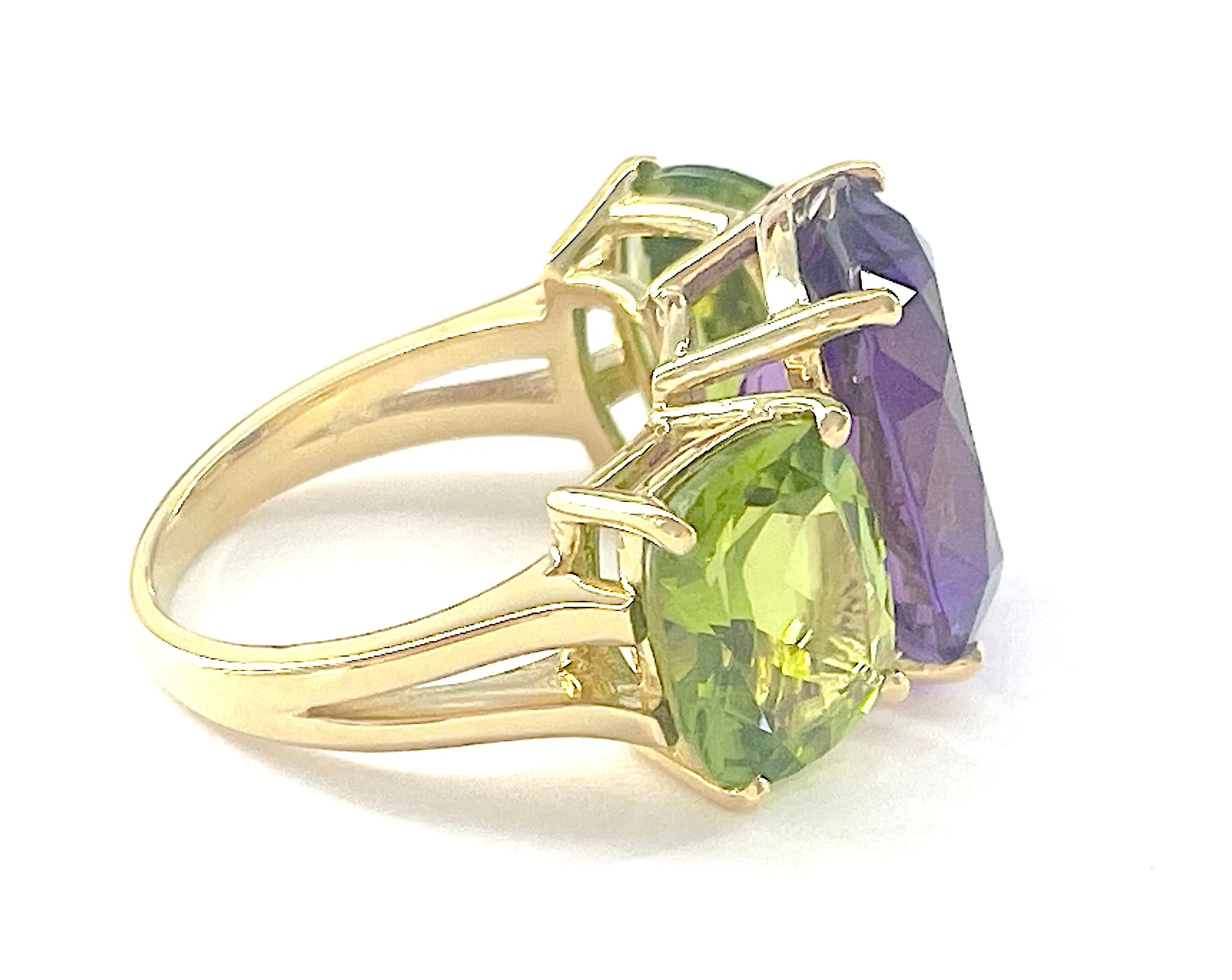 Amethyst and Peridot Yellow Gold Three-Stone Cushion Ring