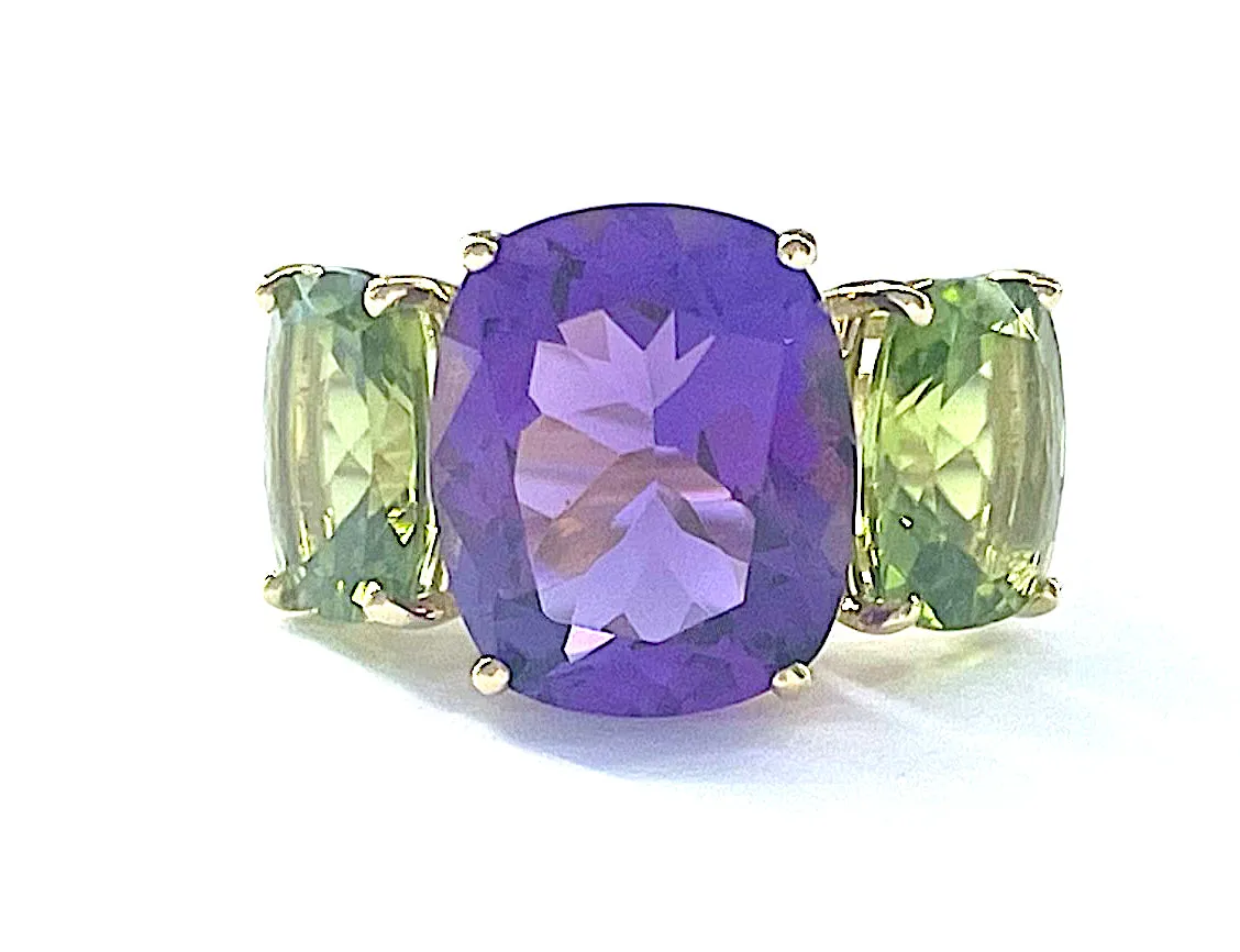 Amethyst and Peridot Yellow Gold Three-Stone Cushion Ring