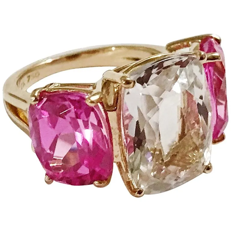 Amethyst and Peridot Yellow Gold Three-Stone Cushion Ring