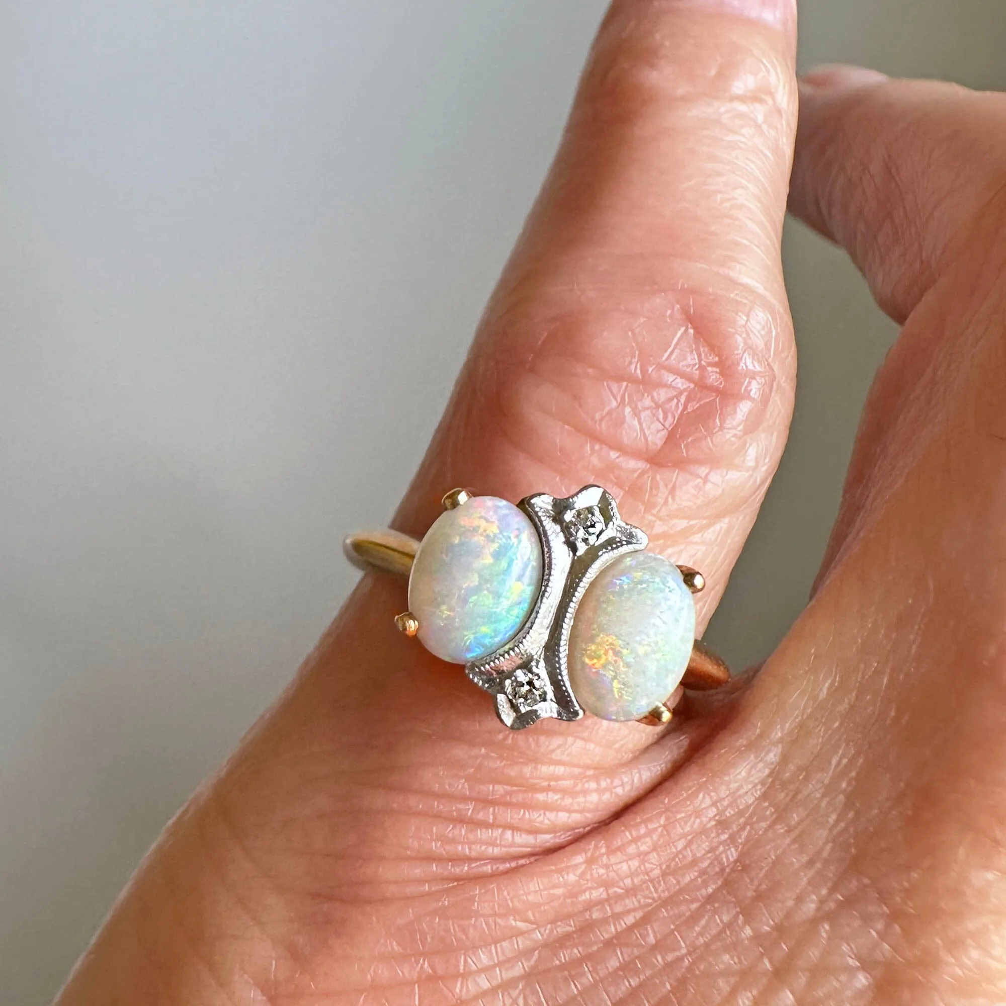 Antique Art Deco 14K Gold Diamond Opal Ring