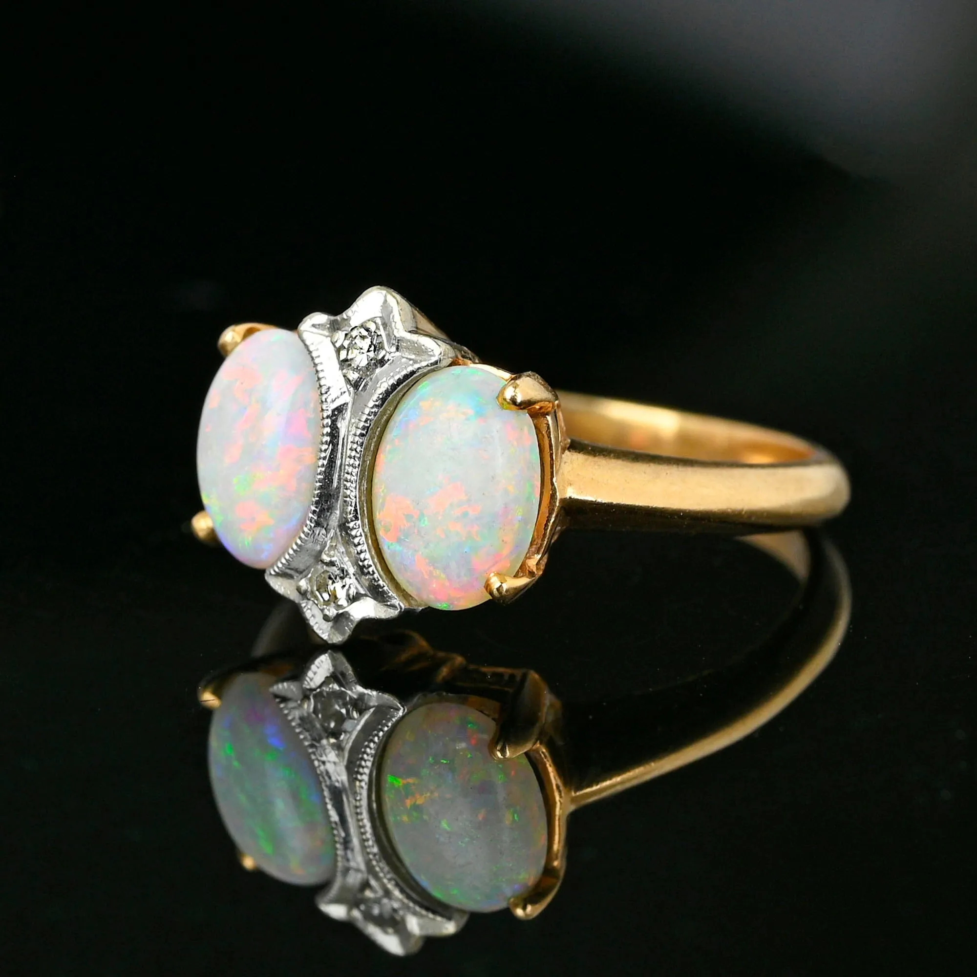 Antique Art Deco 14K Gold Diamond Opal Ring