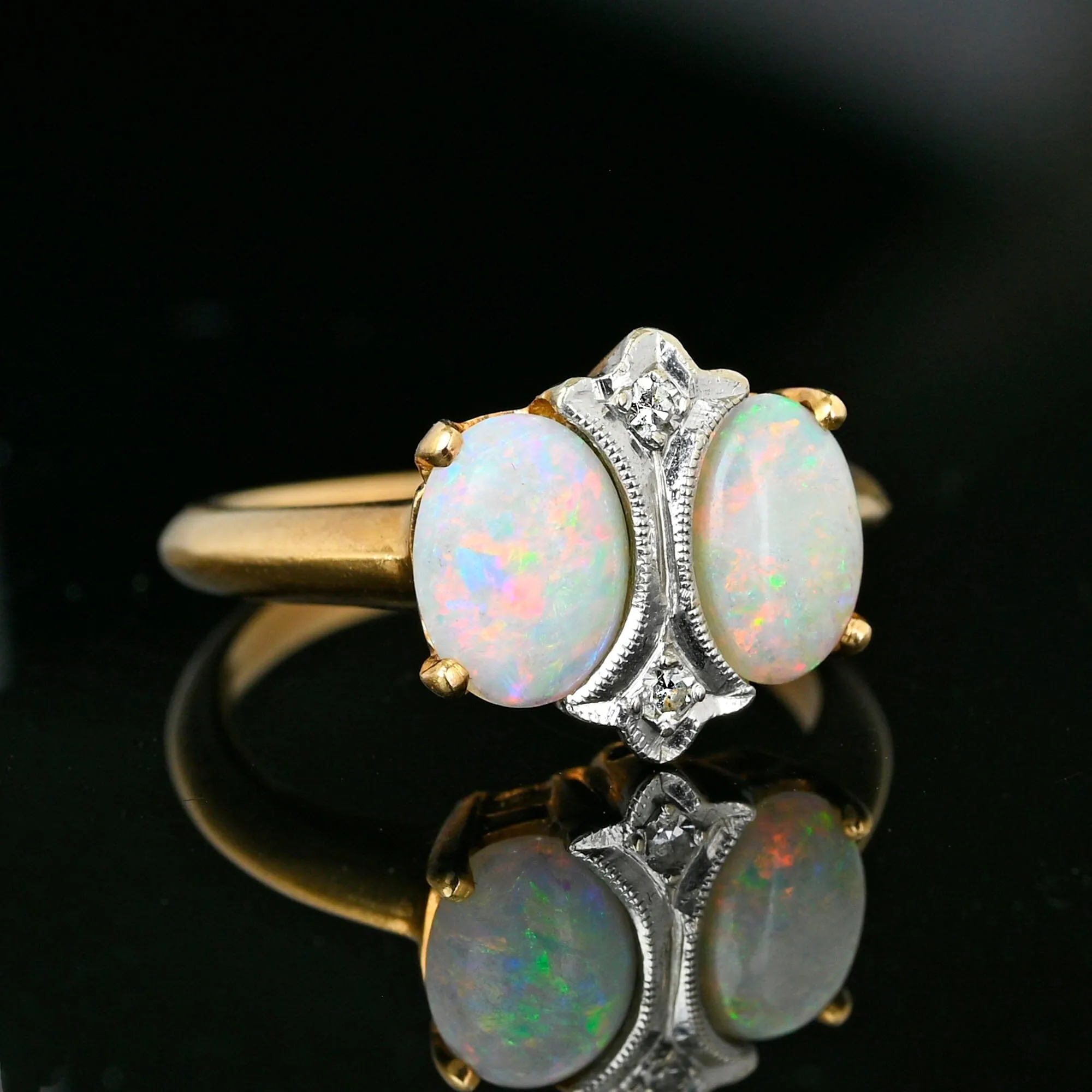 Antique Art Deco 14K Gold Diamond Opal Ring