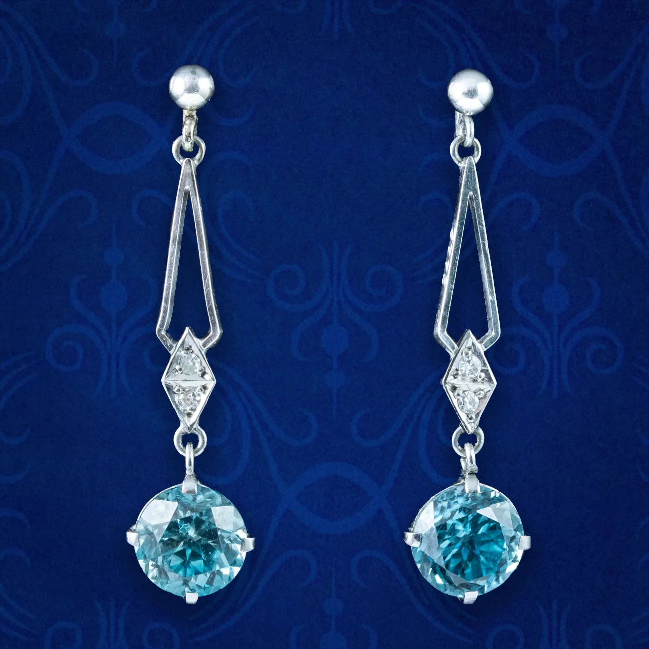 Art Deco Blue Zircon Diamond Drop Earrings 18ct Gold 1ct Zircons