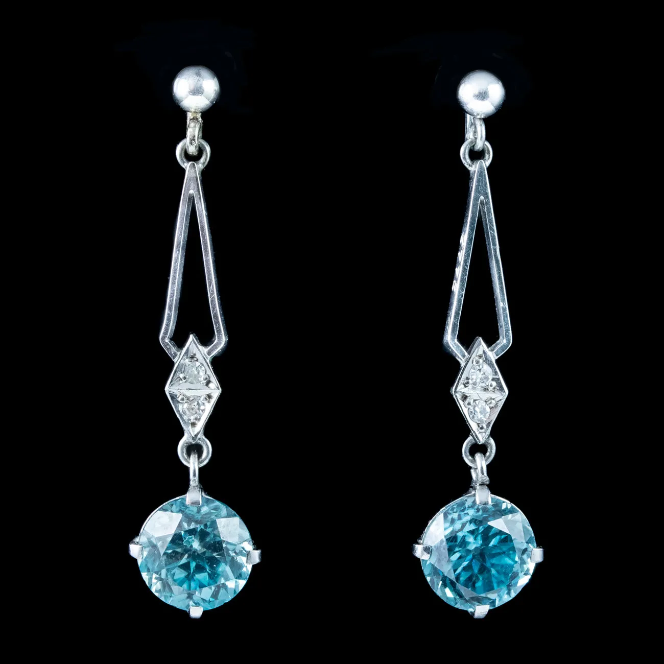 Art Deco Blue Zircon Diamond Drop Earrings 18ct Gold 1ct Zircons