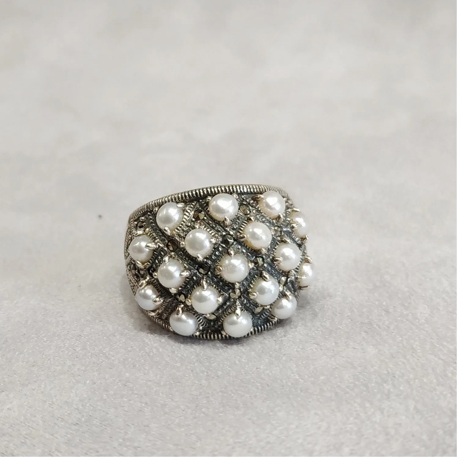 Art Deco Dots Ring Silver Freshwater Pearl Marcasite