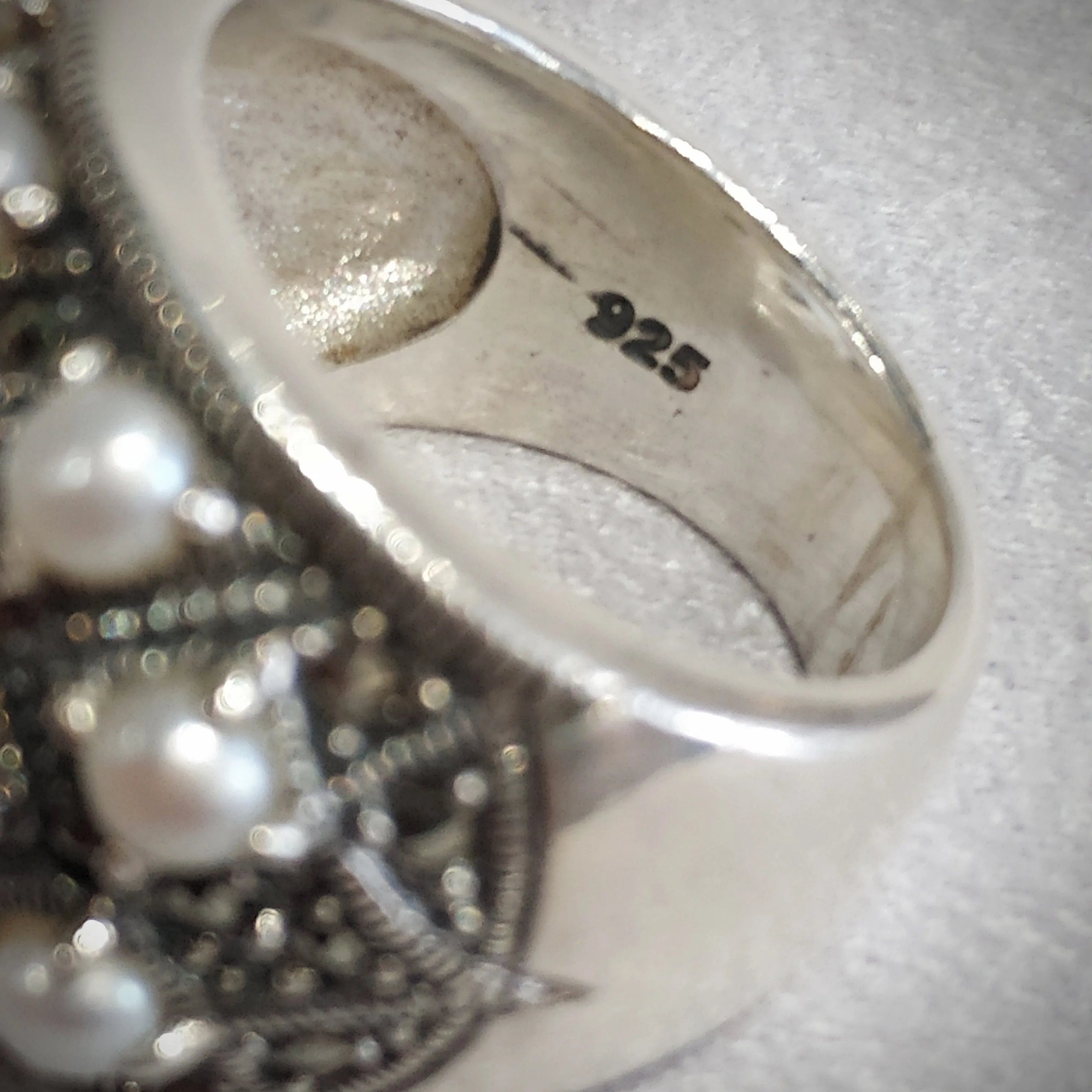 Art Deco Dots Ring Silver Freshwater Pearl Marcasite