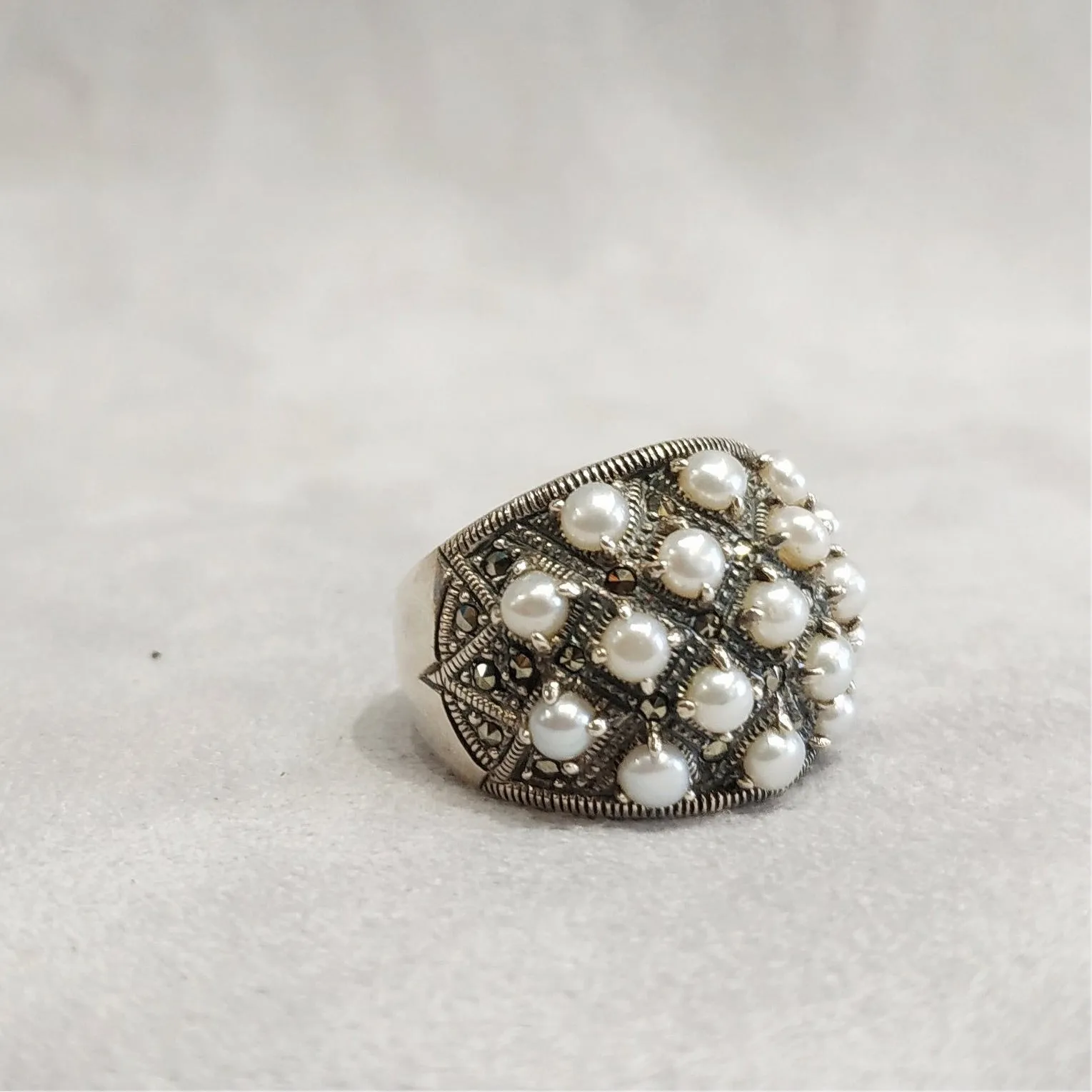 Art Deco Dots Ring Silver Freshwater Pearl Marcasite