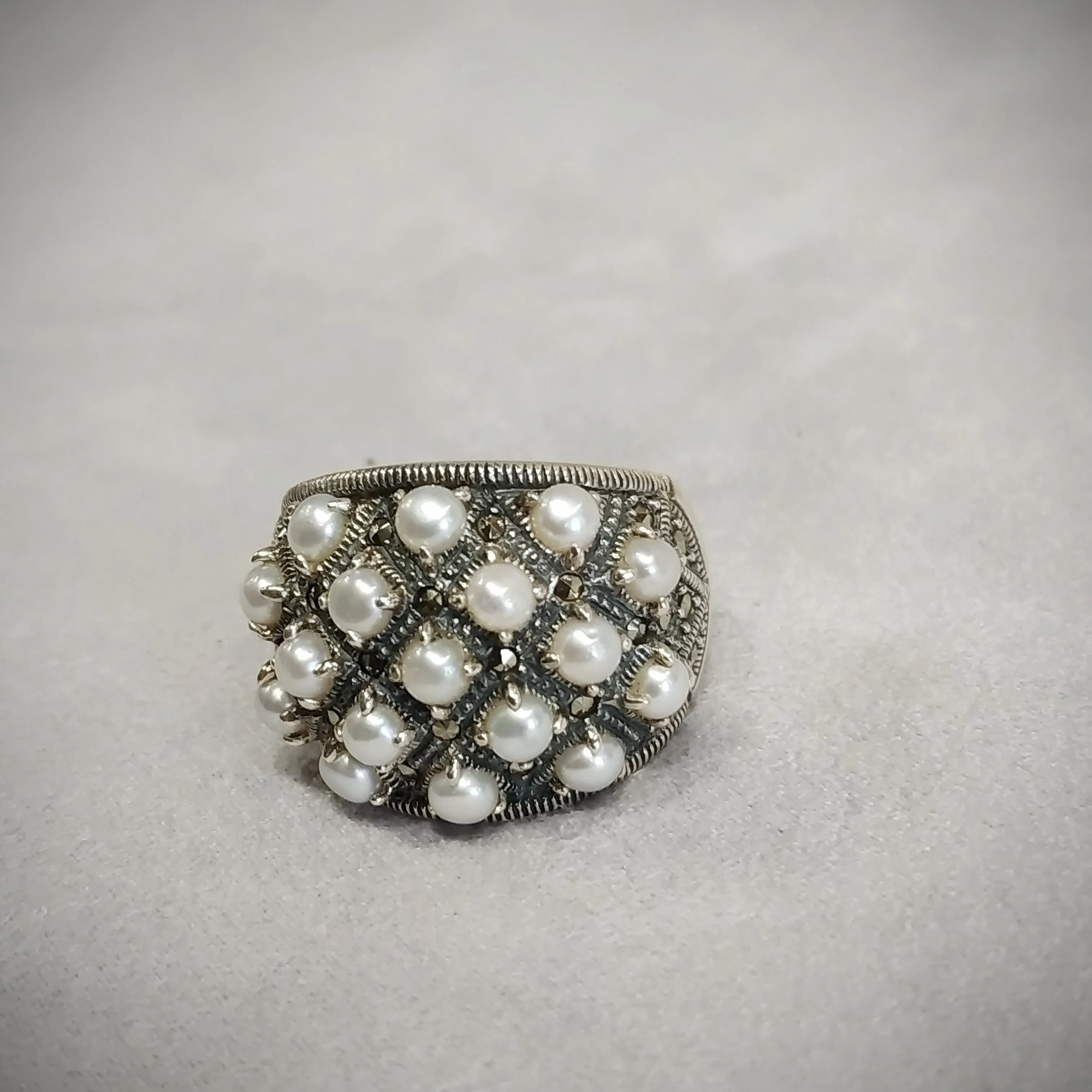 Art Deco Dots Ring Silver Freshwater Pearl Marcasite