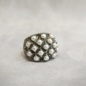 Art Deco Dots Ring Silver Freshwater Pearl Marcasite