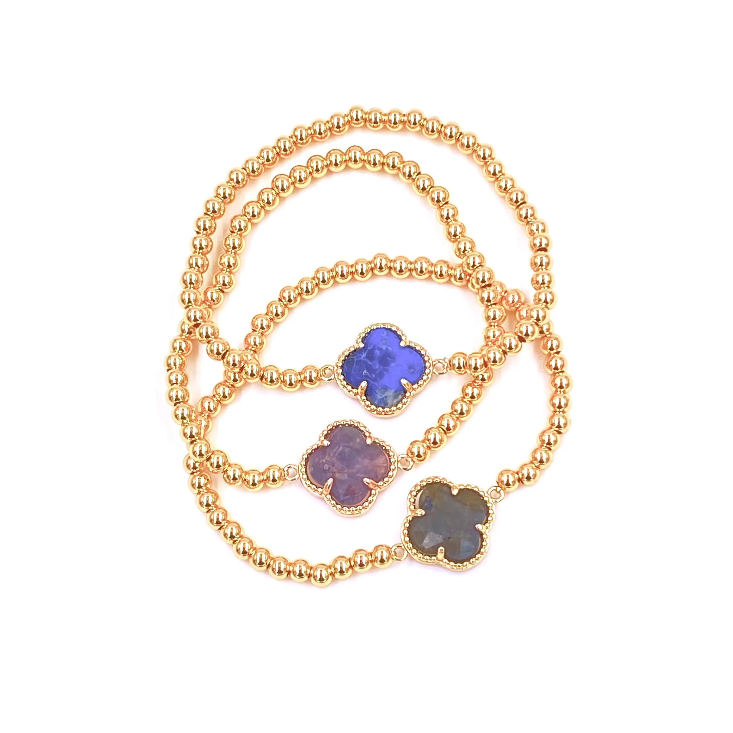 Ashley Gold Stainless Steel Gold Plated Center Semi Precious Clover Ball Beaded Stretch Bracelet