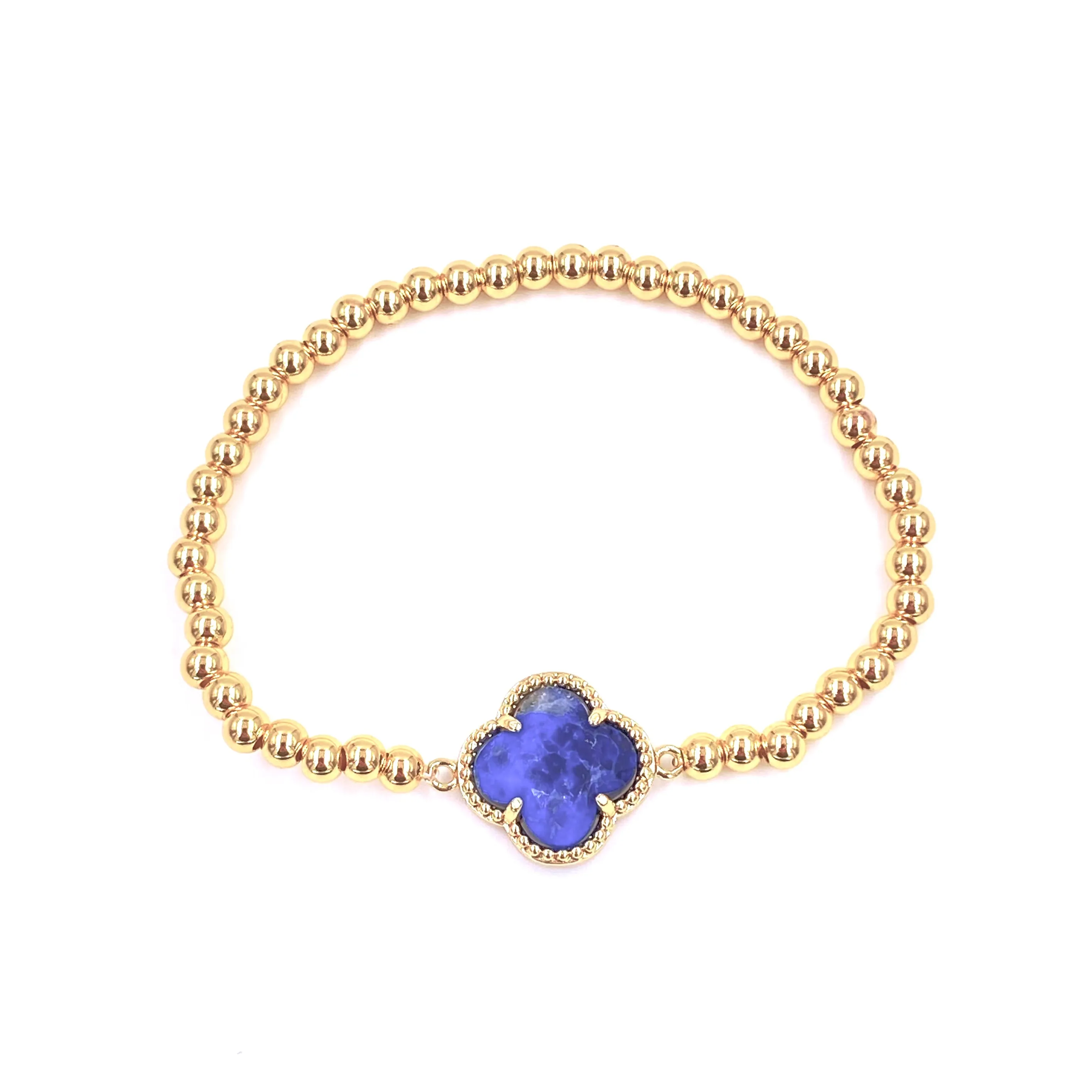 Ashley Gold Stainless Steel Gold Plated Center Semi Precious Clover Ball Beaded Stretch Bracelet