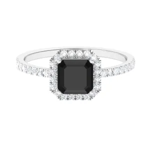 Asscher Cut Black Onyx and Diamond Halo Engagement Ring