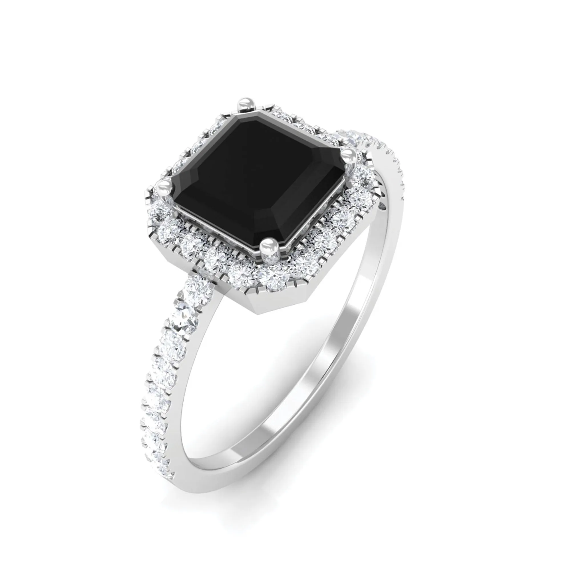 Asscher Cut Black Onyx and Diamond Halo Engagement Ring