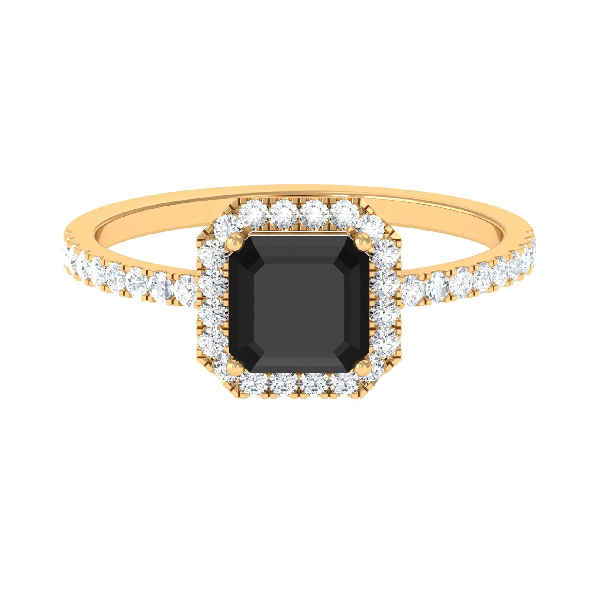 Asscher Cut Black Onyx and Diamond Halo Engagement Ring