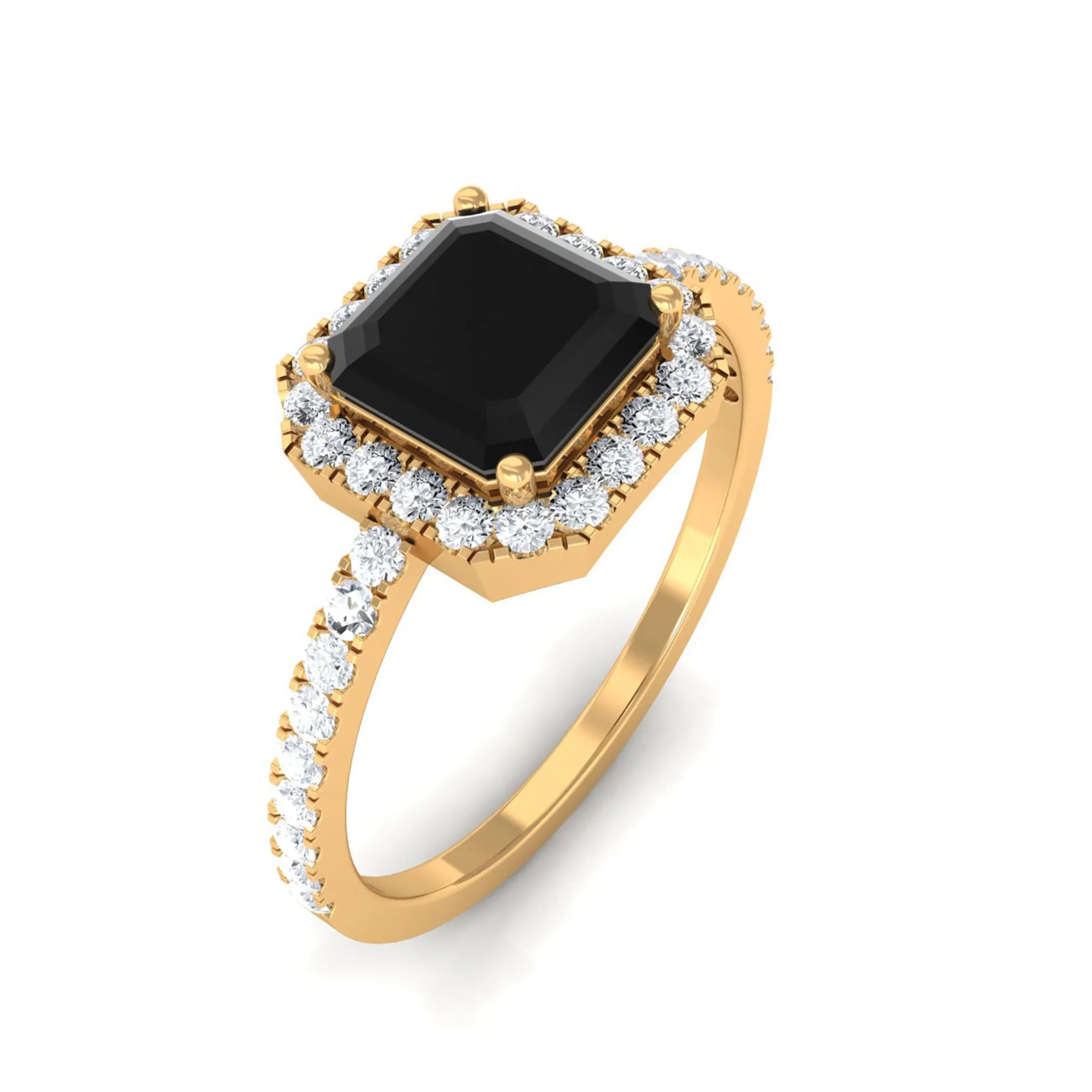 Asscher Cut Black Onyx and Diamond Halo Engagement Ring