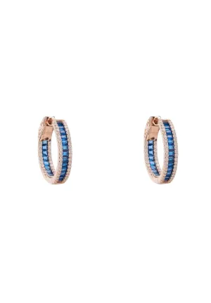 Baguette Hoop Earrings Small Rosegold Sapphire Blue