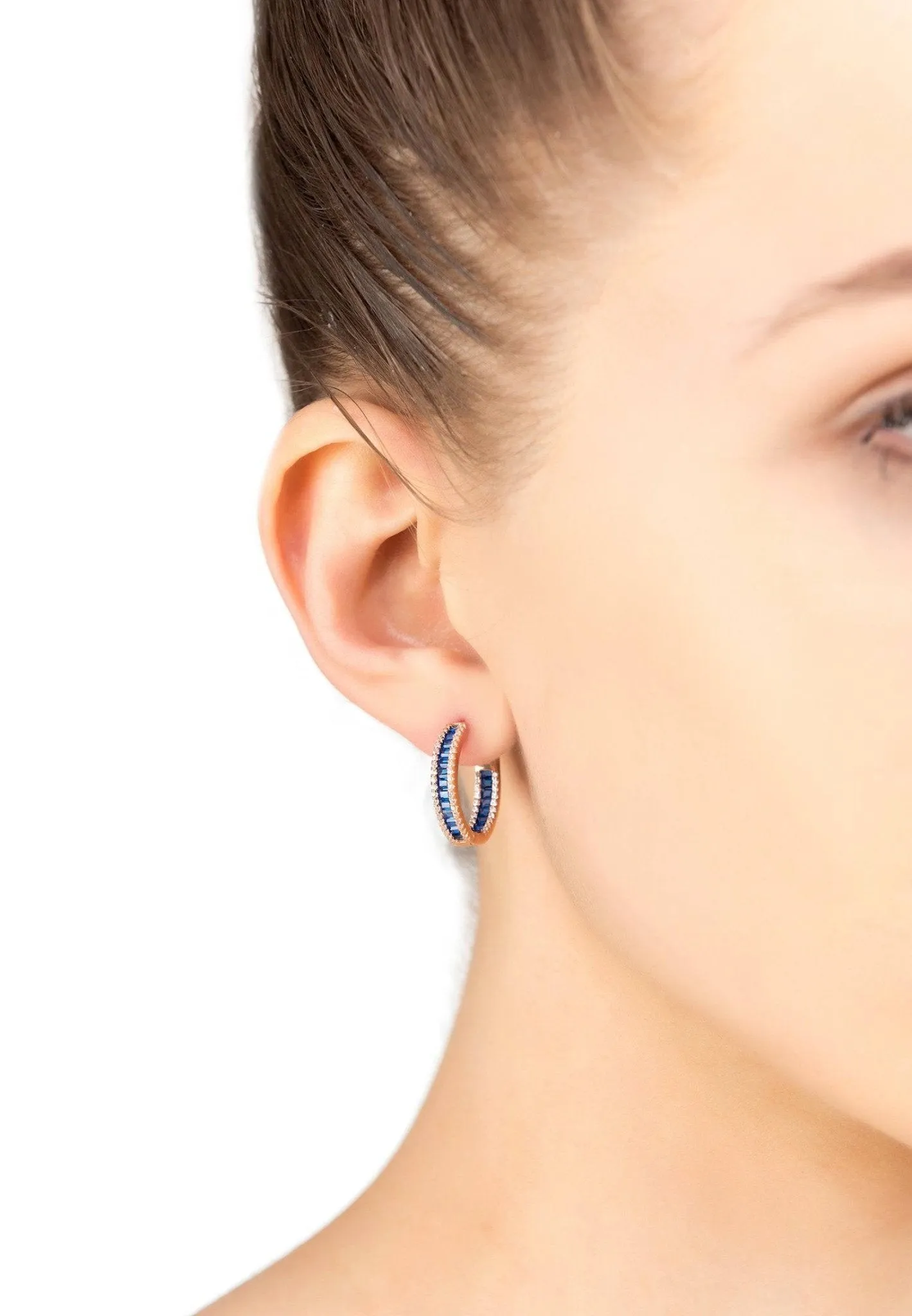 Baguette Hoop Earrings Small Rosegold Sapphire Blue