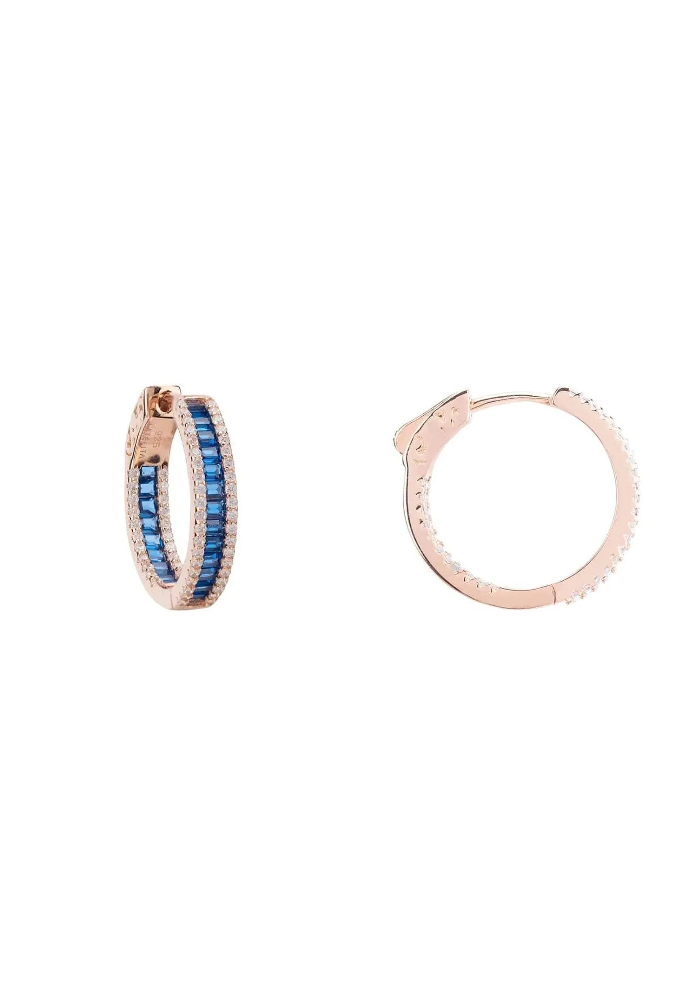 Baguette Hoop Earrings Small Rosegold Sapphire Blue