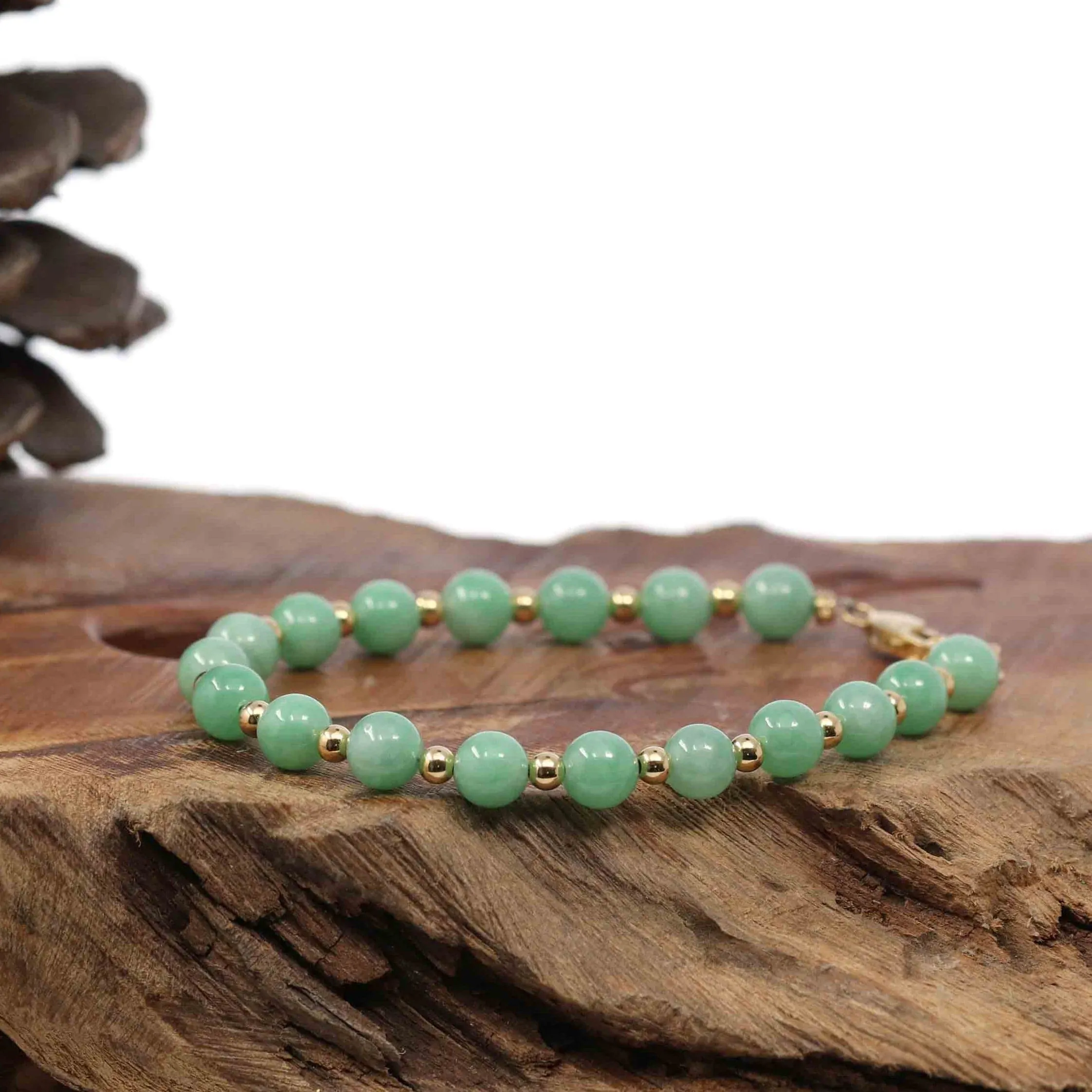 Baikalla Genuine Green Jadeite Jade Round Beads Bracelet With 18K Yellow Gold Clasp and Gold Beads ( 6 mm )