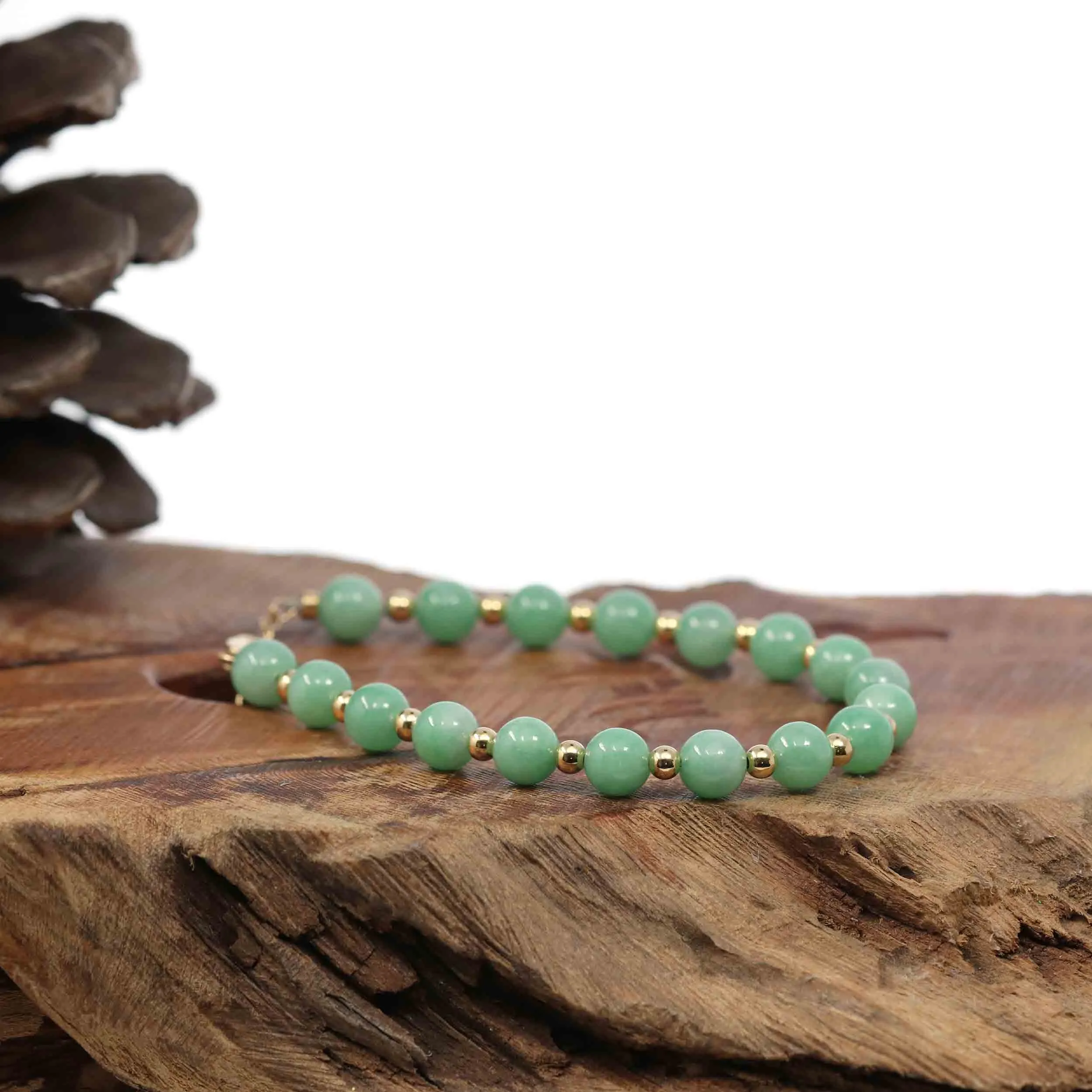 Baikalla Genuine Green Jadeite Jade Round Beads Bracelet With 18K Yellow Gold Clasp and Gold Beads ( 6 mm )