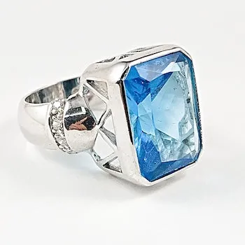 Beautiful Rectangle Bezel Single Center Aquamarine CZ Silver Ring