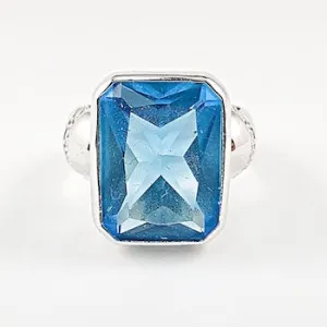 Beautiful Rectangle Bezel Single Center Aquamarine CZ Silver Ring