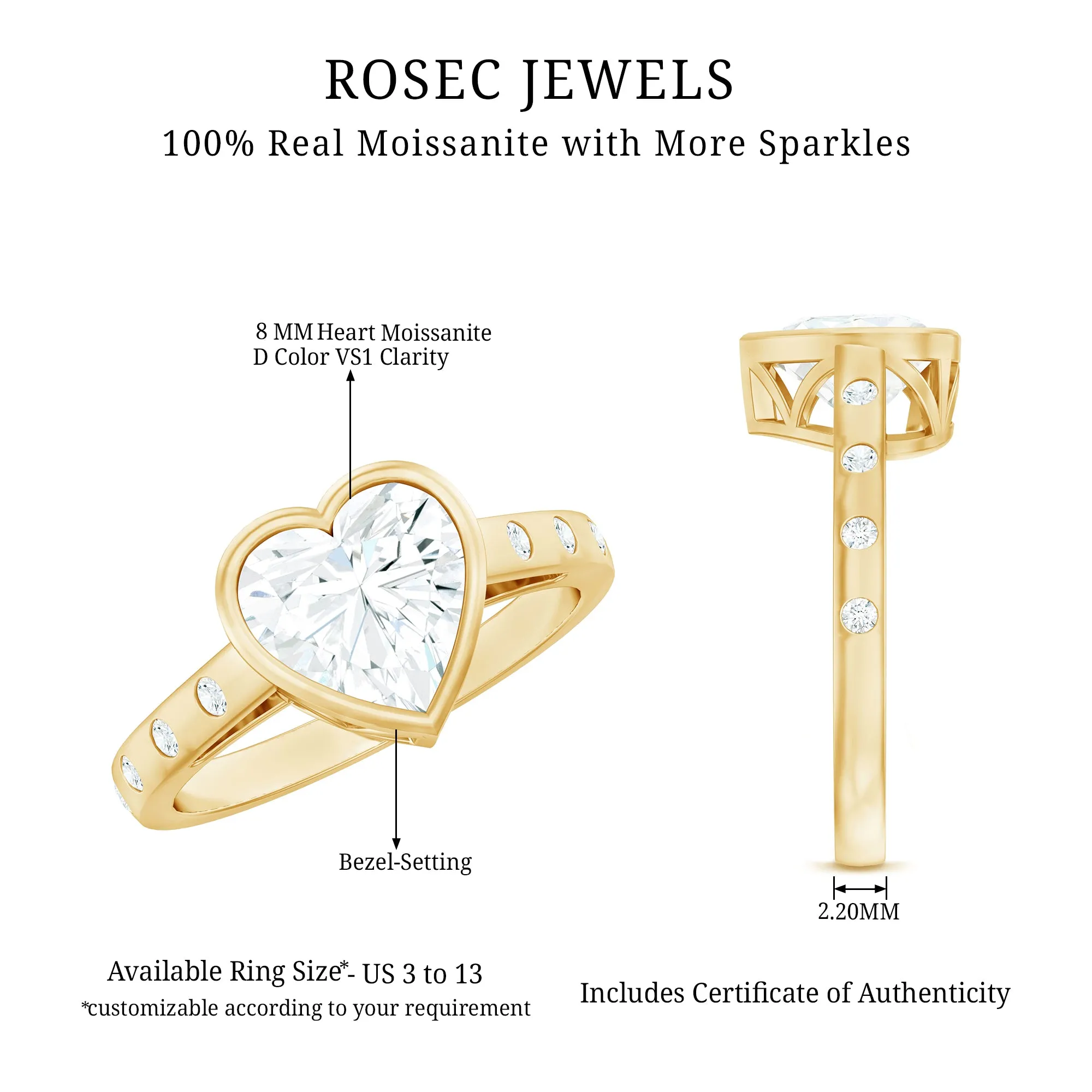 Bezel Set Moissanite Heart Solitaire Engagement Ring in Gold