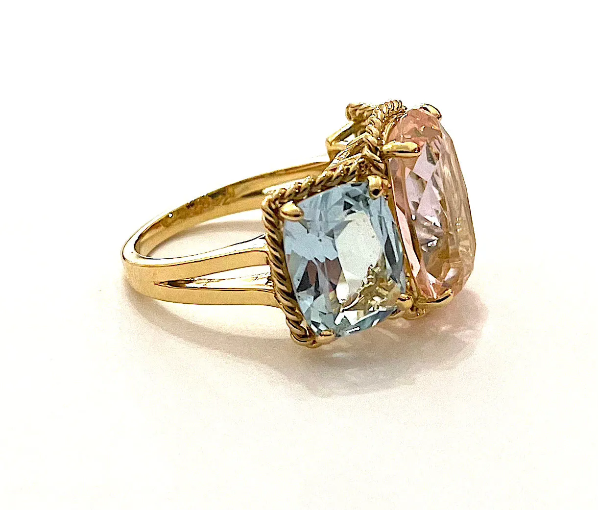 Blue Topaz and Iolite Three Stone Ring with Rope Twist Border