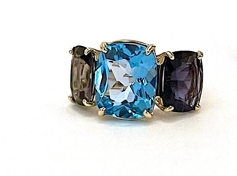 Blue Topaz and Iolite Three Stone Ring with Rope Twist Border