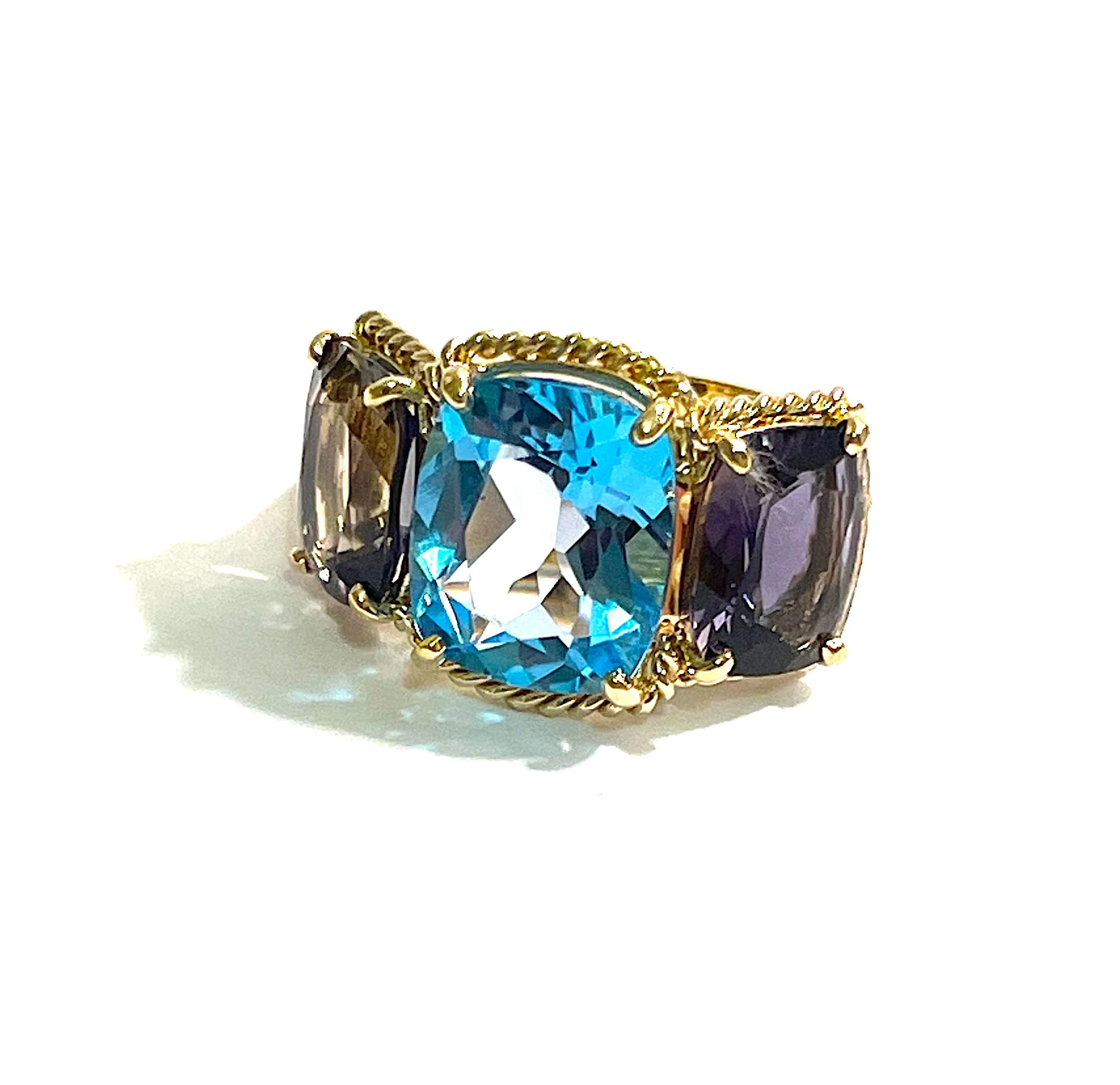 Blue Topaz and Iolite Three Stone Ring with Rope Twist Border