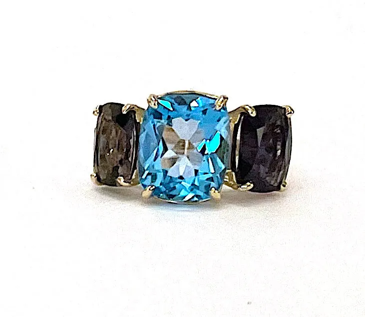 Blue Topaz and Iolite Three Stone Ring with Rope Twist Border