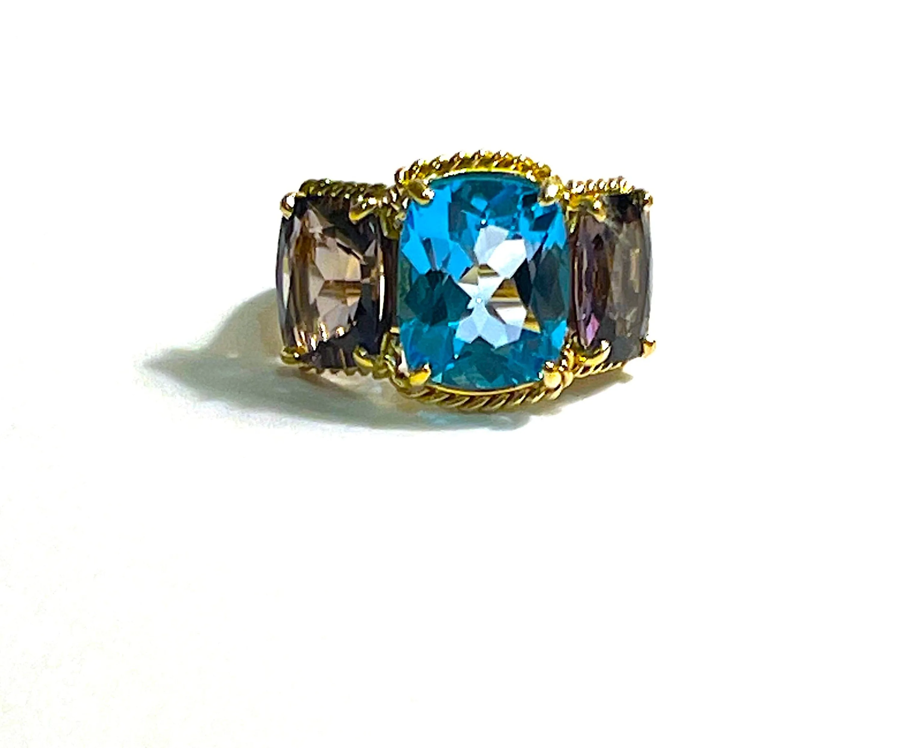 Blue Topaz and Iolite Three Stone Ring with Rope Twist Border