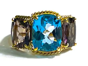 Blue Topaz and Iolite Three Stone Ring with Rope Twist Border