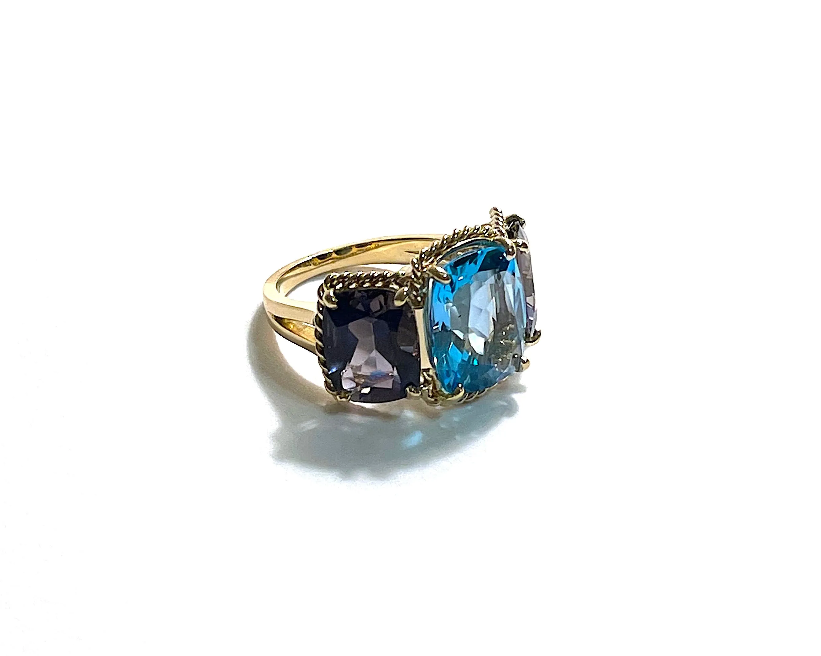 Blue Topaz and Iolite Three Stone Ring with Rope Twist Border