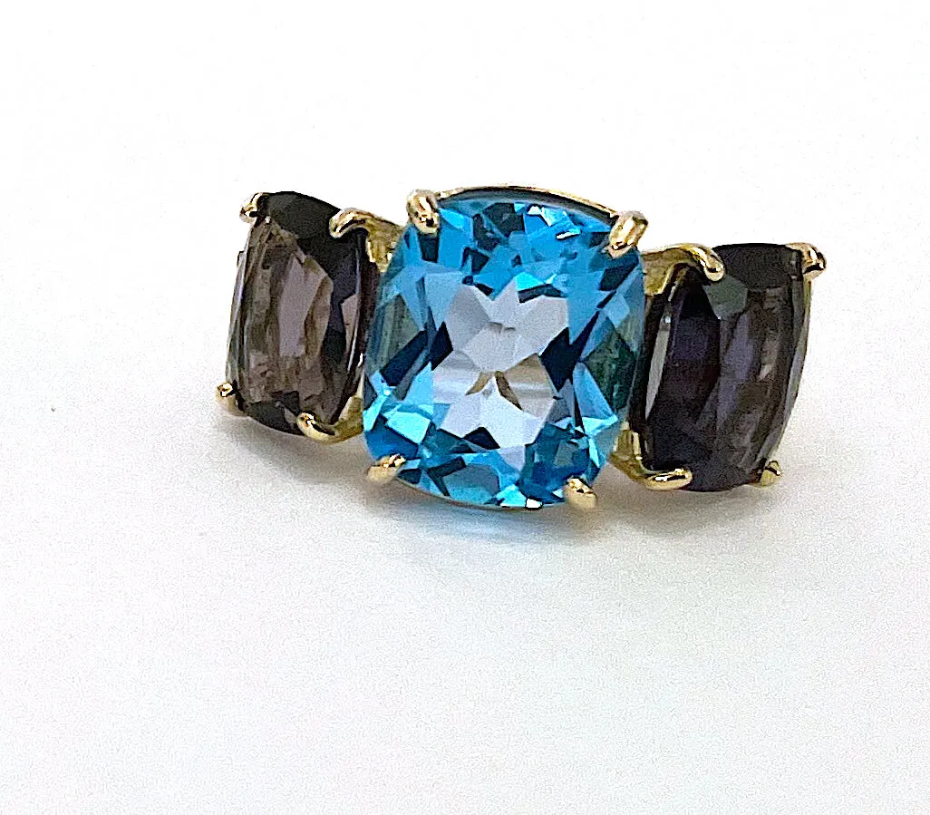 Blue Topaz and Iolite Three Stone Ring with Rope Twist Border