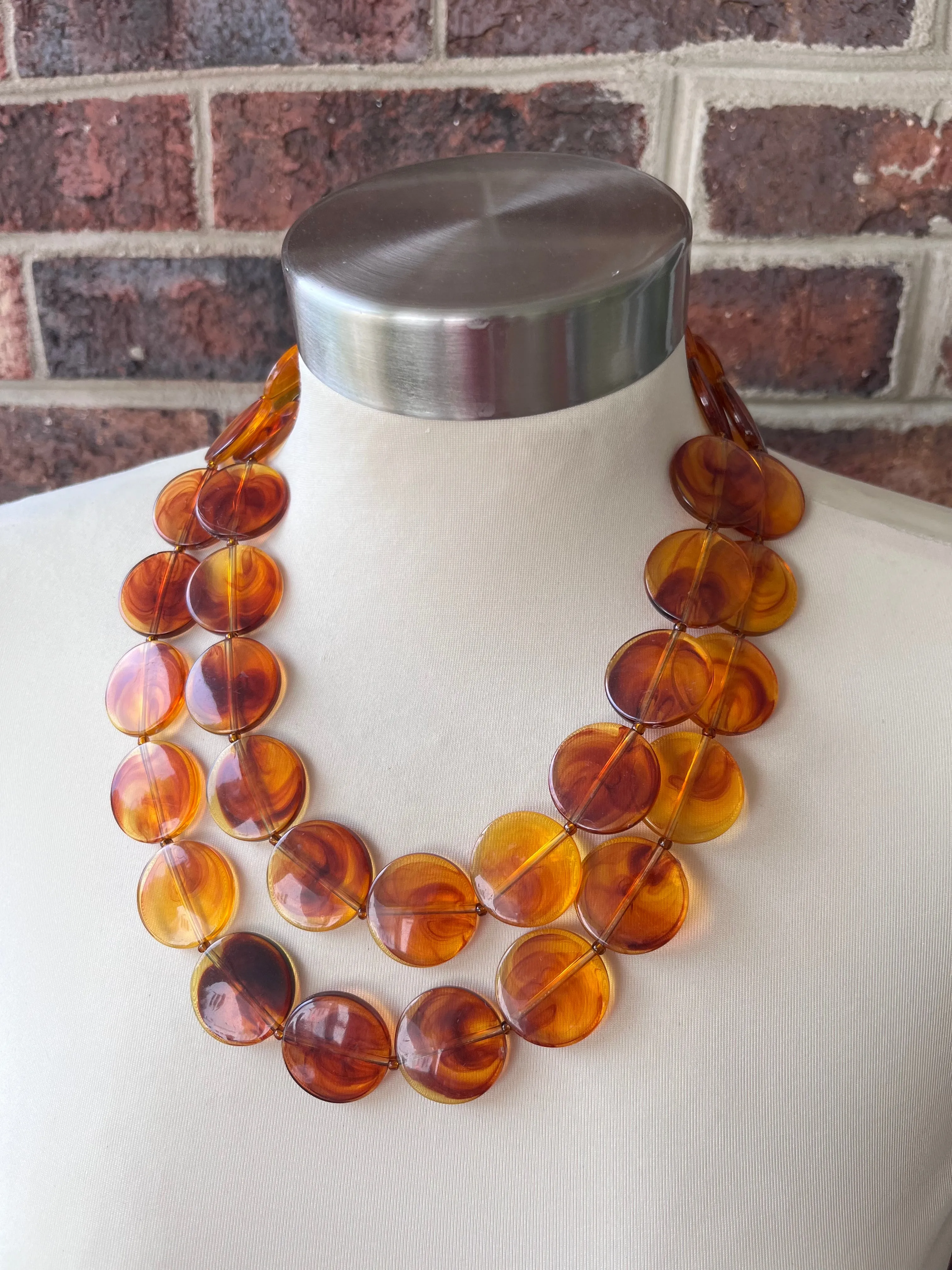 Brown Amber Lucite Acrylic Beaded Multi Strand Chunky Statement Necklace - Charlotte