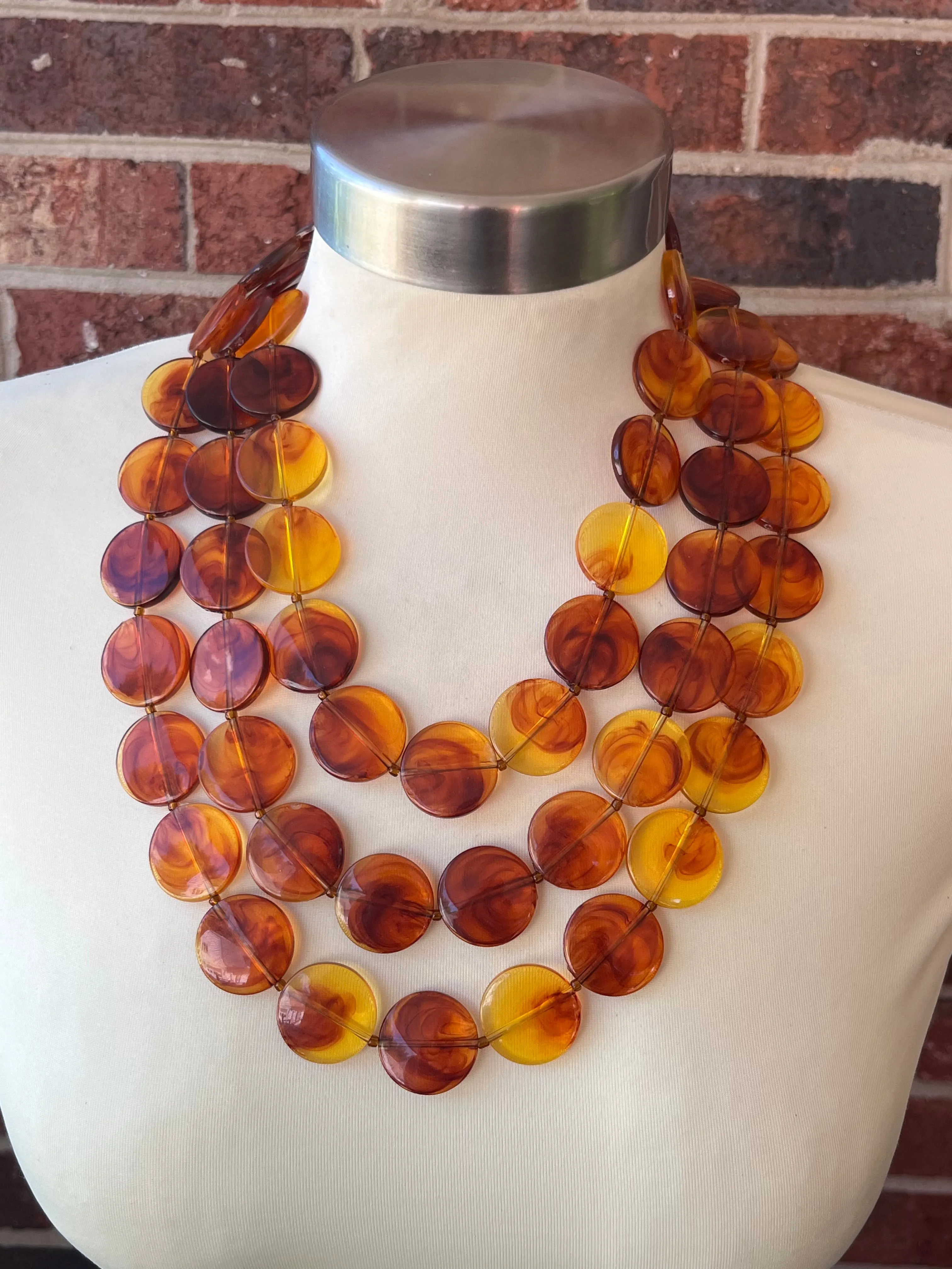 Brown Amber Lucite Acrylic Beaded Multi Strand Chunky Statement Necklace - Charlotte