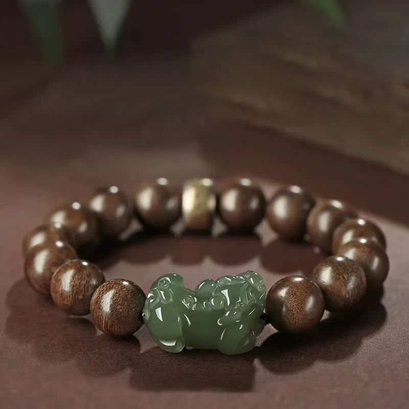 Buddha Stones 925 Sterling Silver Brunei Agarwood PiXiu Jade Peace Strength Bracelet