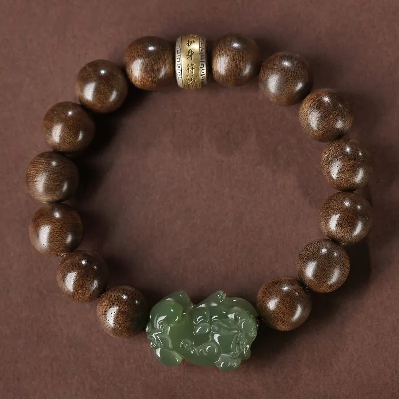 Buddha Stones 925 Sterling Silver Brunei Agarwood PiXiu Jade Peace Strength Bracelet