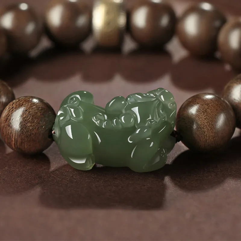 Buddha Stones 925 Sterling Silver Brunei Agarwood PiXiu Jade Peace Strength Bracelet